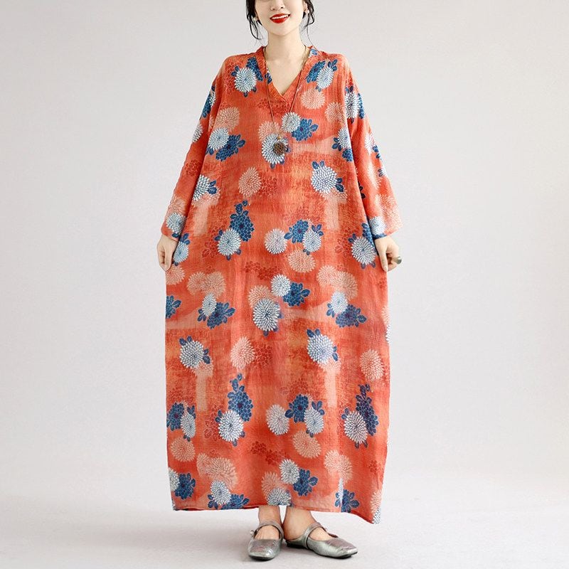BATWING FLORAL V-NECK LONG LOOSE DRESS M-18021
