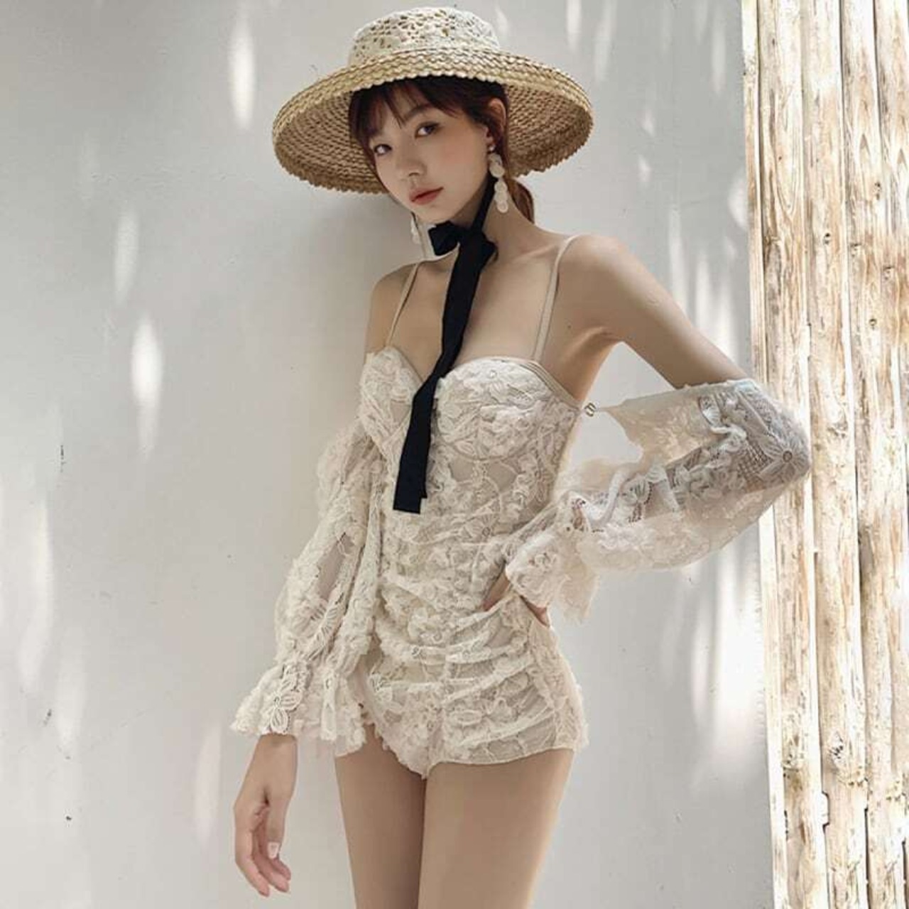 jinzhu優しい花柄レース水着ワンピース