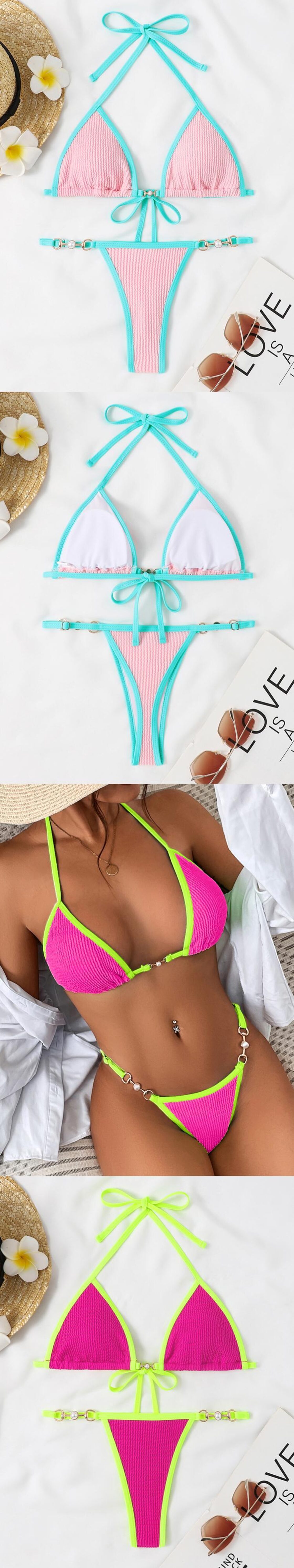 女性のための無地水着ホルター ビキニ セット セクシーなハイカット  