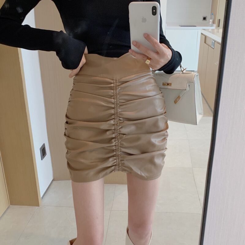 プリーツレザースカート オータムハイウェストショート 秋物 ピュア ガールズファッション94494026414