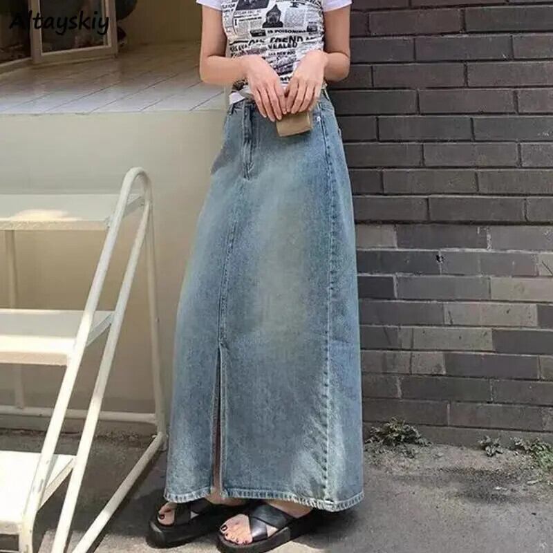 【新作】【送料無料】 デニムマキシスカート女性 A ラインヴィンテージ韓国スタイルルーズストリートフロントスリット気質ファッションオールマッチシックカジュアルレディース 0391926102059