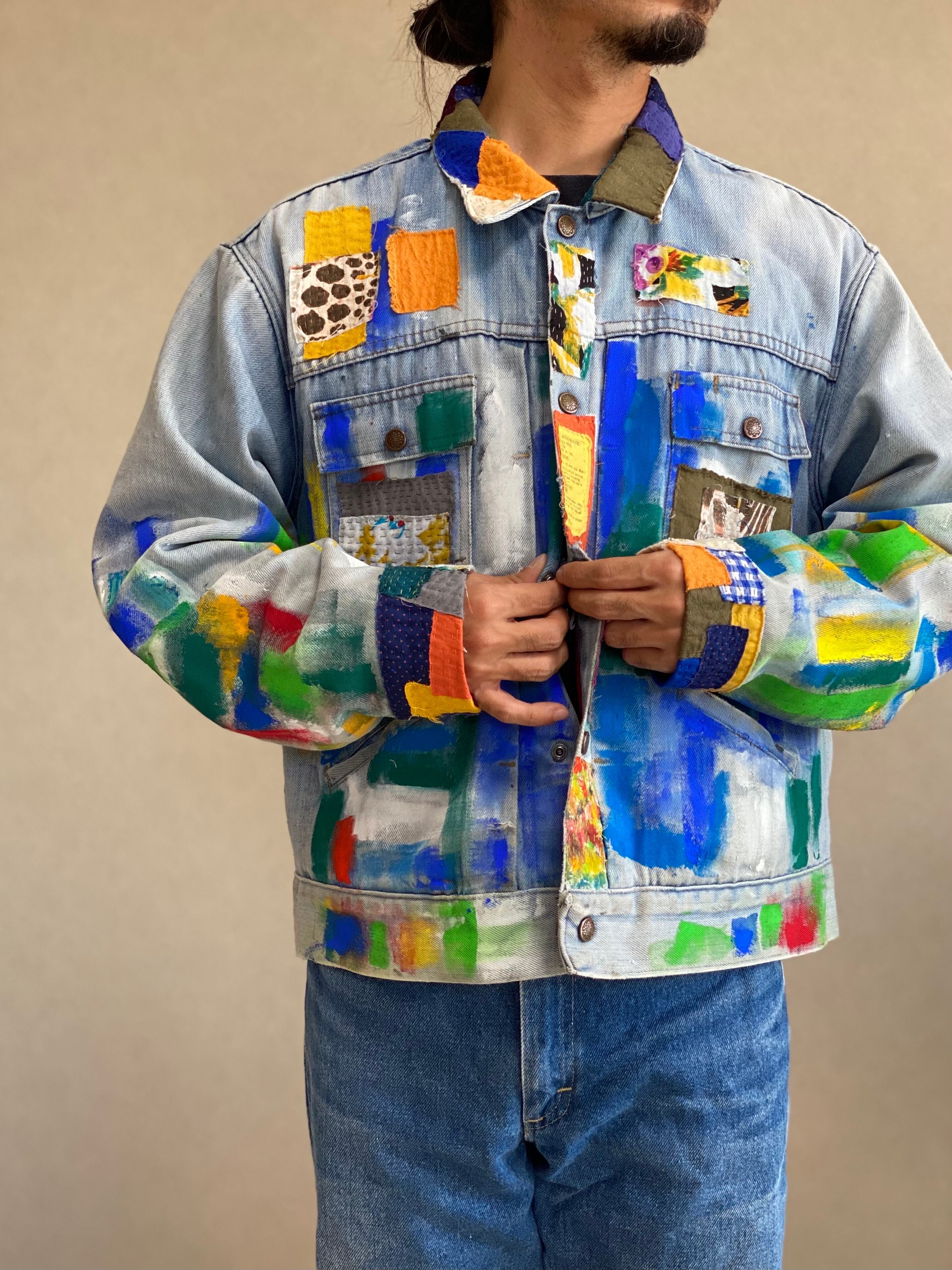 90年代ボディ 90s 古着 リメイク再構築 総柄 ヴィンテージ ボロ ペイント 手描き パッチワーク 手縫い 刺し子 ジャケット アウター デニム メンズ ユニセックス Xl相当 ブルー 青 ビッグシルエット 大きめサイズ デニムジャケット ハイカラ倉庫
