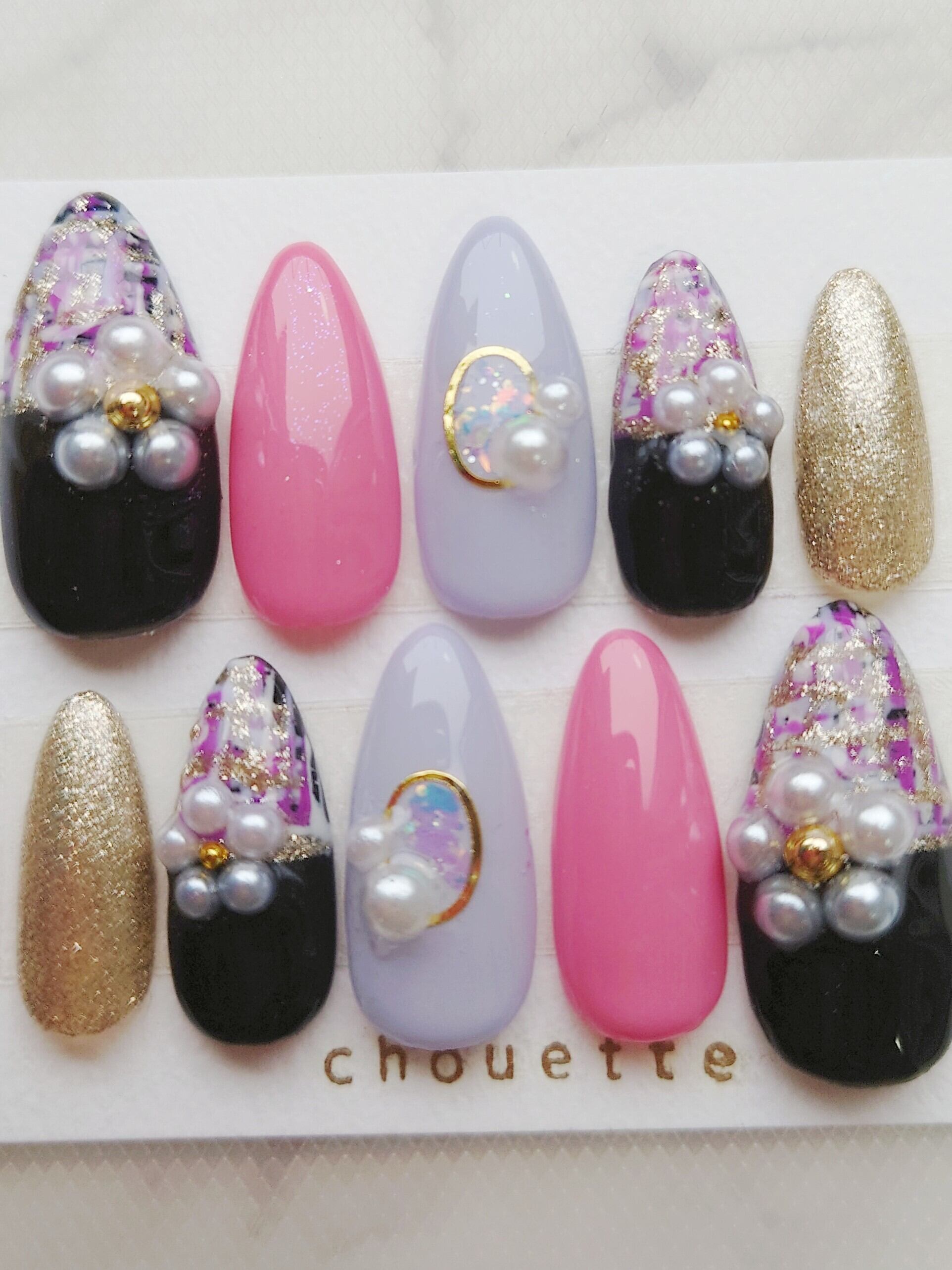 ネイルチップ つけ爪 ツイード柄 紫黒ラメ パールお花 ワンホン韓国  