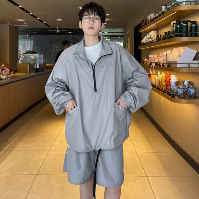 【予約販売】メンズ セットアップ 上下 ジップアップ ナイロン 長袖 ハーフパンツ シャカシャカ ストリート パーカー ブラック グレー ベージュ  韓国 ジム スポーツウエア カジュアル 春 夏 大きいサイズ M/L/XL/2XL/3XL | favoriteselect powered by  ...