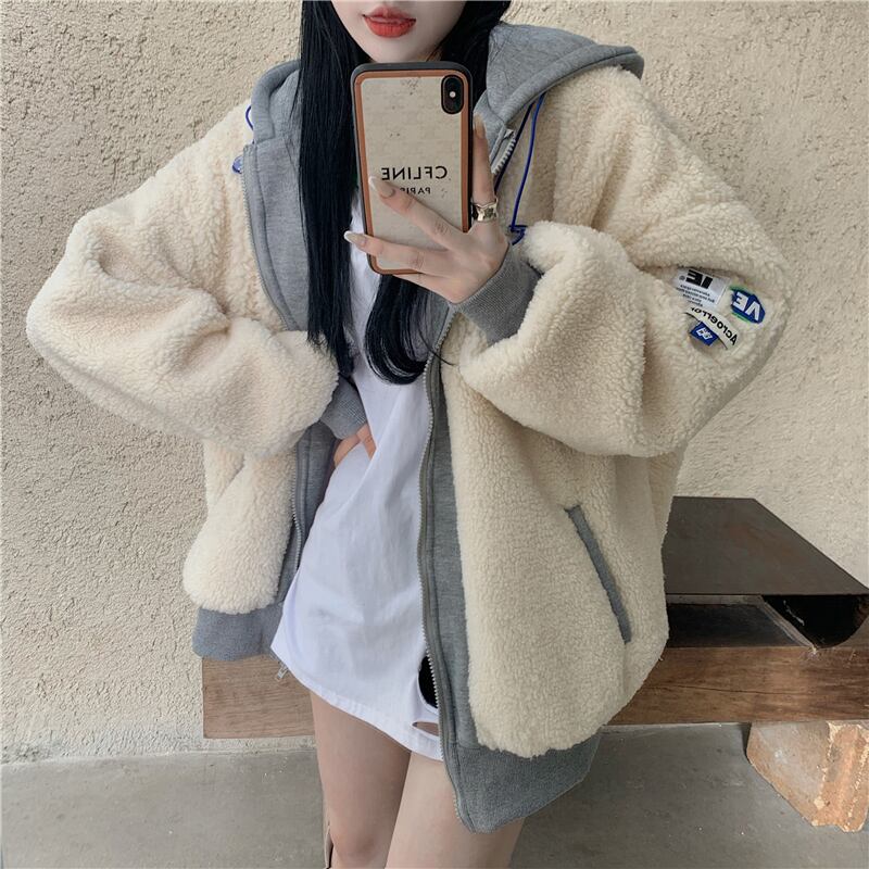 ラムウールセータージャケット女性の冬の厚さ2020新しい偽のツーピースフード付きジッパーシックな香港の風ジャケット ブラックストロベリース61501753025