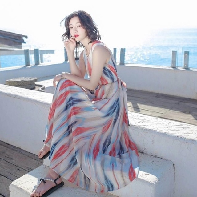 ノースリーブ ワンピース シースルー シフォン マキシ丈 エスニック風 ロングワンピース リゾート 夏 海 Fashionlover