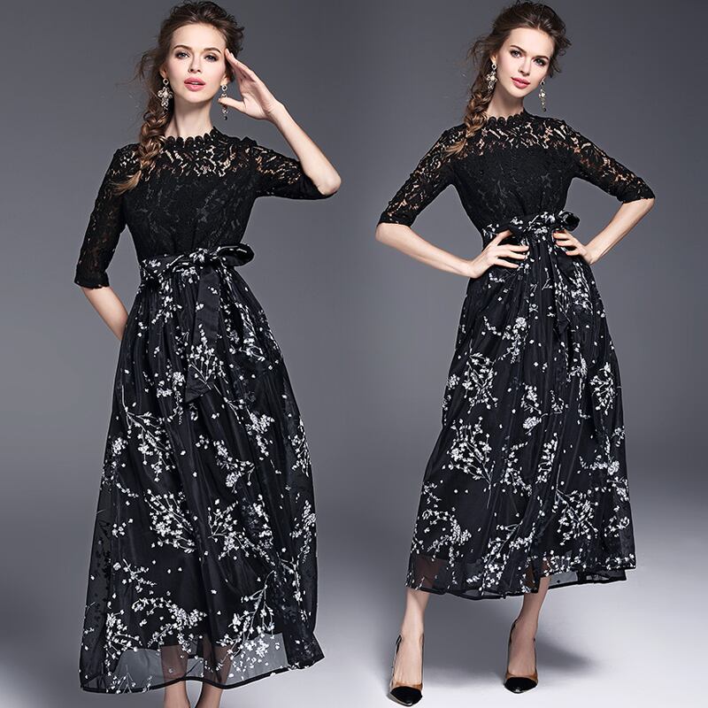 七分丈 レース 花柄 ロングワンピース