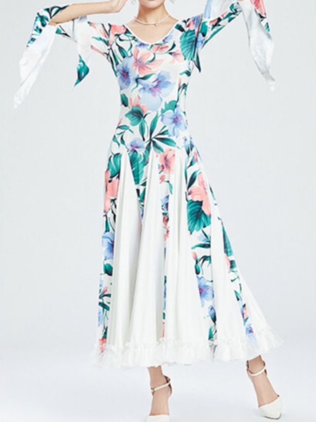 フラワープリント ロングスリーブ ミモレフレア ダンスドレス  ds1475