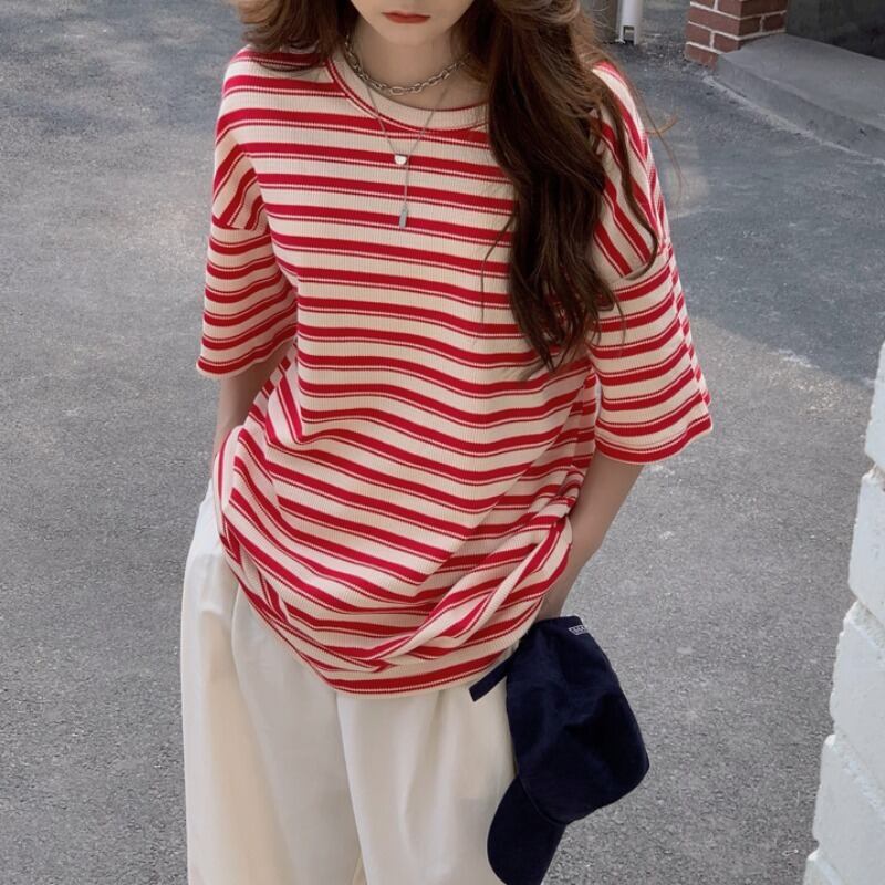 カラーブラウス サマールーズストライプTシャツ 夏物 YY-ファッション63796692458