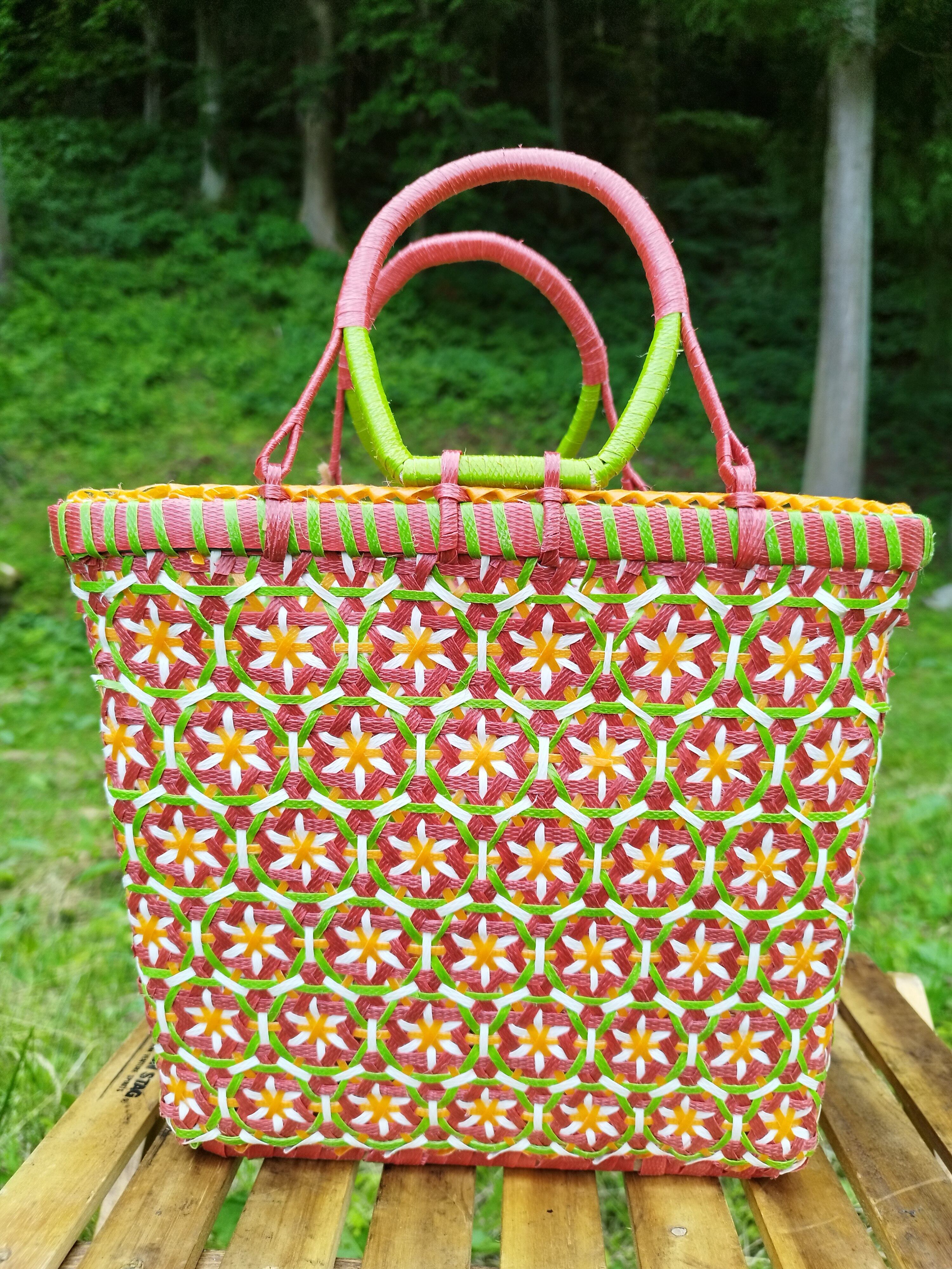 赤と緑の格子模様 かご カラフル かごバッグ タイ チェンマイ 手織り | dao