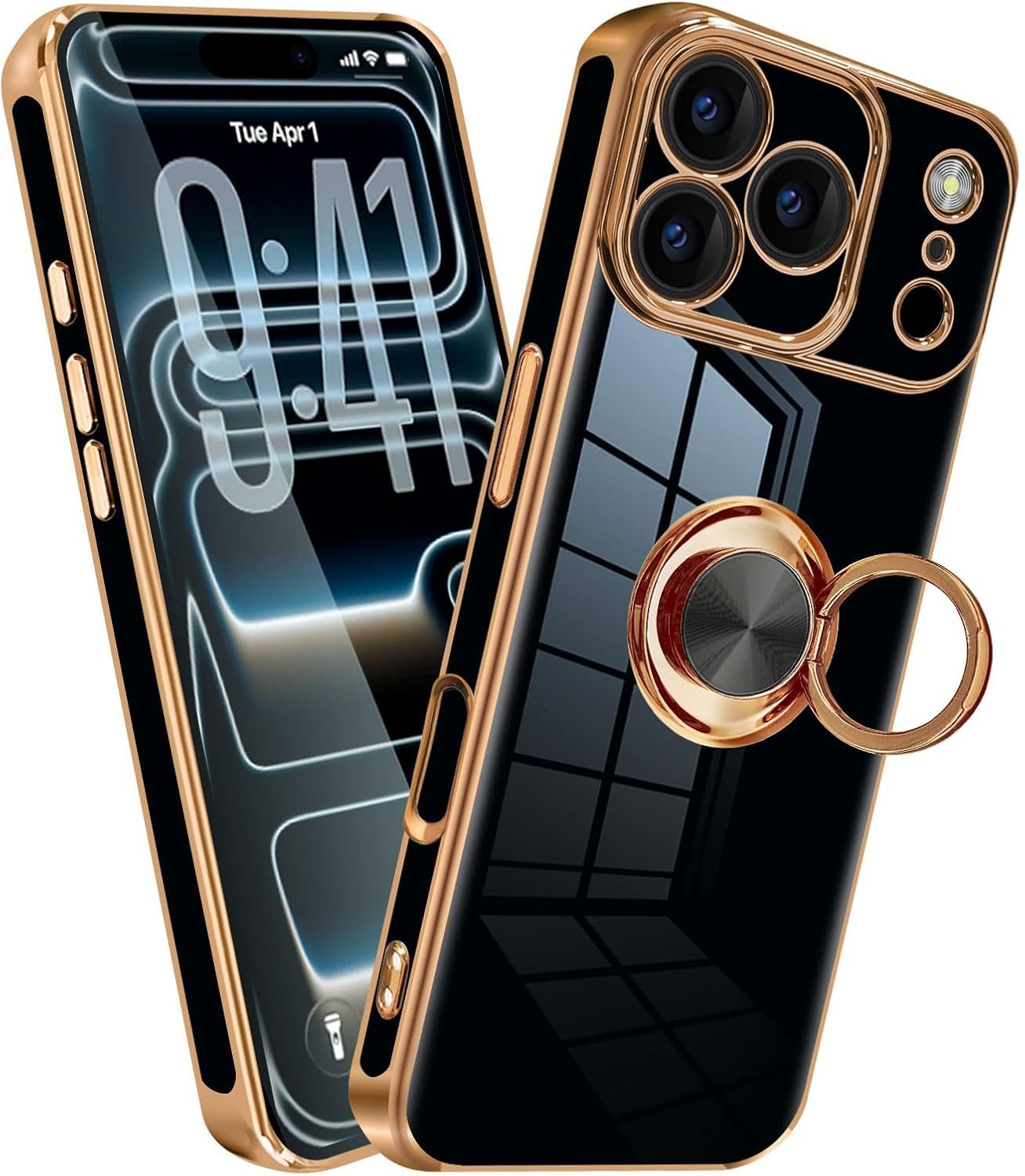 MiaoKeDa ア イフォーン18 pro ケース リング付き いphone18pro リング スマホケース 落下防止 保護カバー ブラック