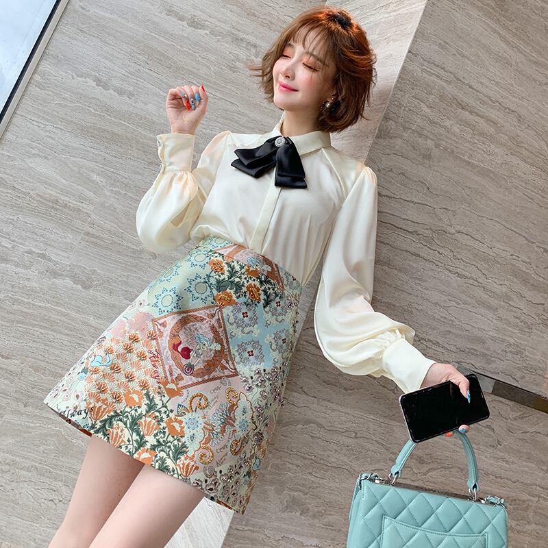 スタンダードジャカードハイウェストウェストAラインショートスカート オータム レトロ 秋物 MIUCO13085091516