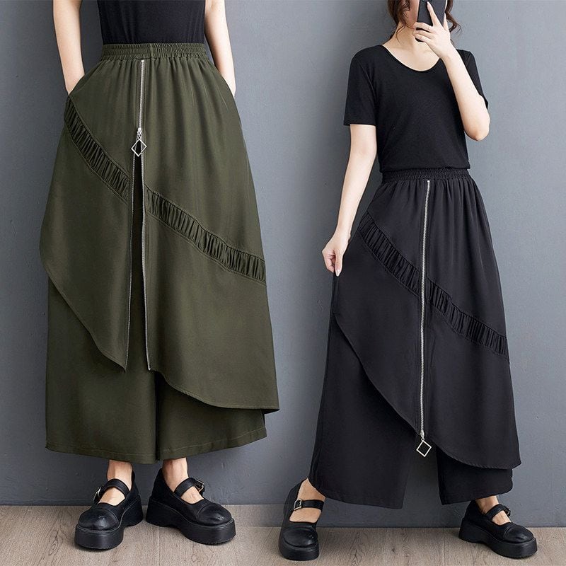 ASYMMETRIC ZIPPER DETAIL WIDE LEG SKIRT PANTS M-18874