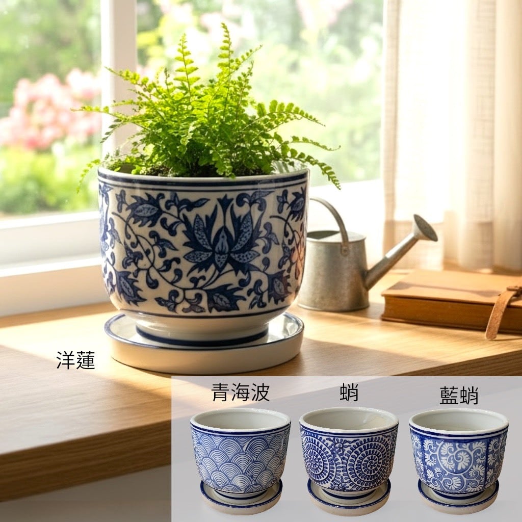 陶器 5寸お碗型植木鉢 和柄 蛸 藍蛸 青海波 洋蓮 鉢底穴あり 和風柄