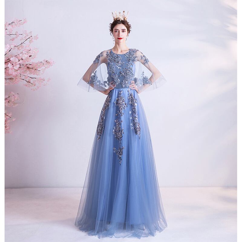 上品！ パーティードレス 青 ソフトチュール 姫袖 2次会/合コン/デート  