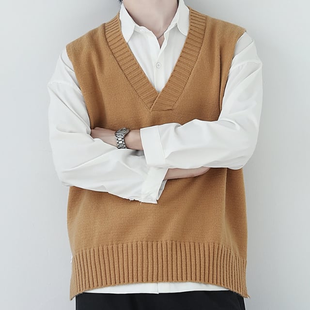 予約販売】ニットベスト 無地 シンプル Vネック ベーシック 重ね着