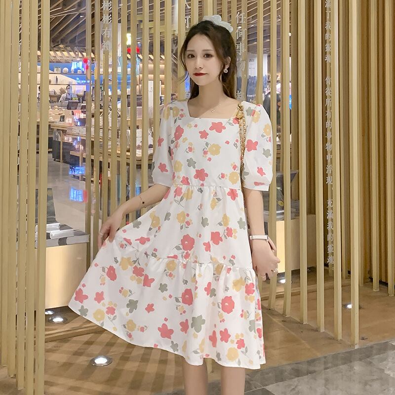 【新作】【送料無料】 マタニティウェア2020夏の新しいスクエアネックパフスリーブシフォンフローラルドレス、年齢を減らすミドルレングスのマタニティドレス-アリババ サマー 夏物 花柄 スクウェア expec280905755372