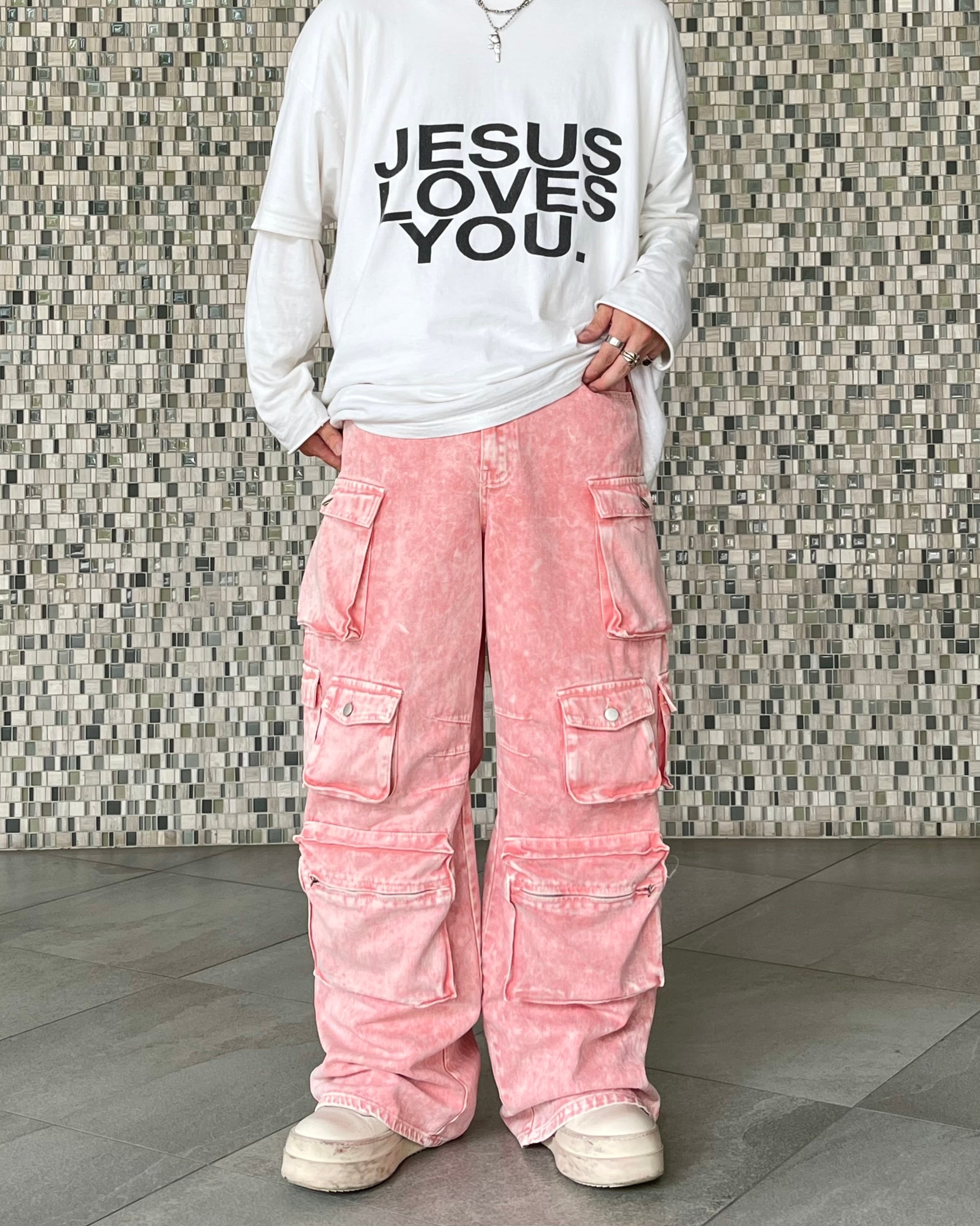 FASHIONNOVA Chemical Wash Baggy Denim Cargo Pants