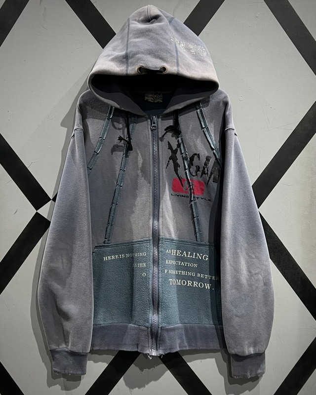 【X VINTAGE】Logo Print Good Fade Loose Zip Up Hoodie