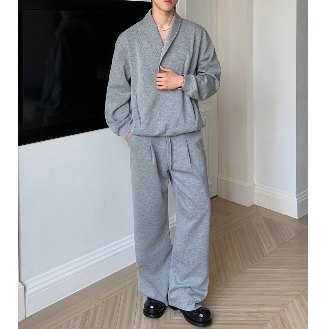 韓国スタイル ショールカラースウェットセットアップ 2カラー D11019  