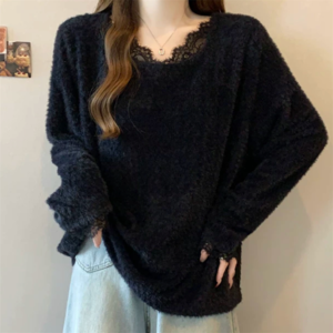 【送料無料】かわいい セーター 2色 トップス ロング丈 大きい ゆったり ゆる オーバーサイズ プラスサイズ ぽっちゃり 長袖 Vネック Aライン フレア プルオーバー レース 異素材切り替え ドッキング 厚手生地 あったか 温かい 無地 大人可愛い 大人女子 こなれ感 シンプル カジュアル 大人 おしゃれ お洒落 ラフ コンサバ フェミニン ガーリー デート お出かけ お茶会 女子会 休日 授業参観 冬 20代 30代 40代 女性用 レディース ママ 着回し プチプライス デイリーユース 普段使い