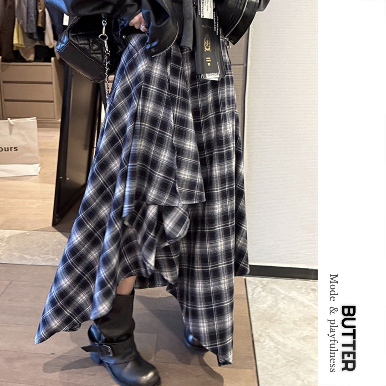 Check Pattern Asymmetrical Long Skirt 00876