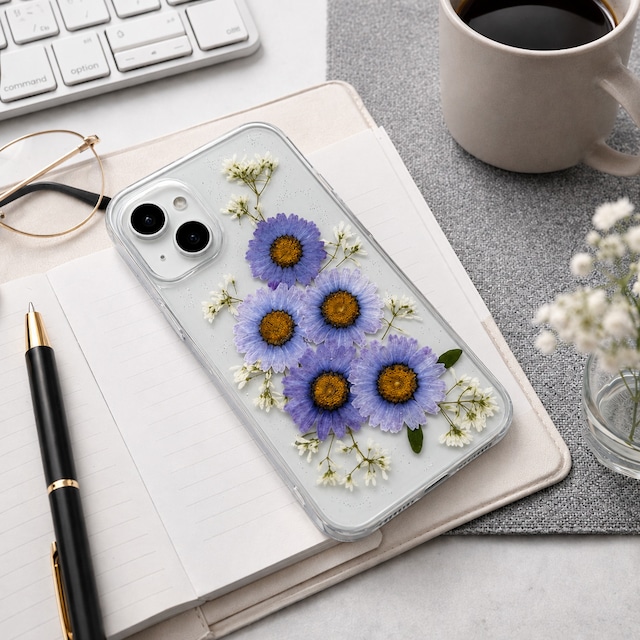 【ほぼ全機種対応スマホケース】押し花スマホケース NO.514(パープル）  押し花＆レジン iPhone/Xperia/AQUOS/Galaxy