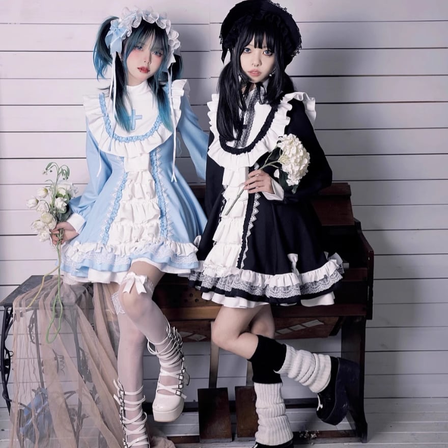 【即納】ゴスロリ 修道女 ワンピース 黒×白 メイド風 十字架 病みかわいい 地雷系