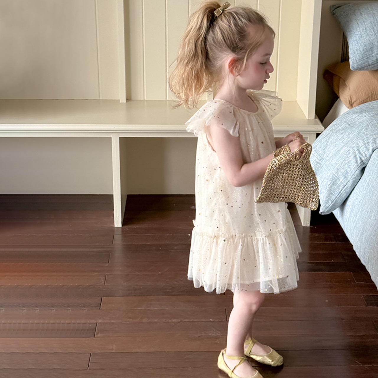 夏光沢ビーズチュールワンピース