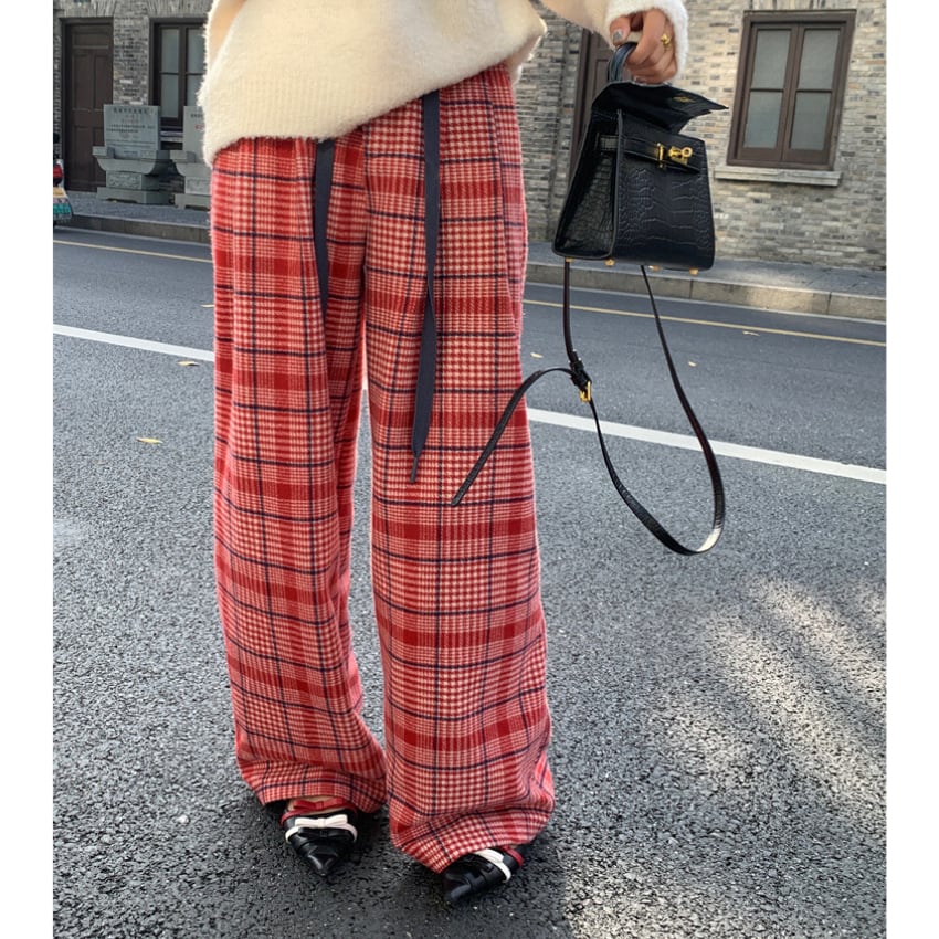 check drawstring wide-leg pants　J00258