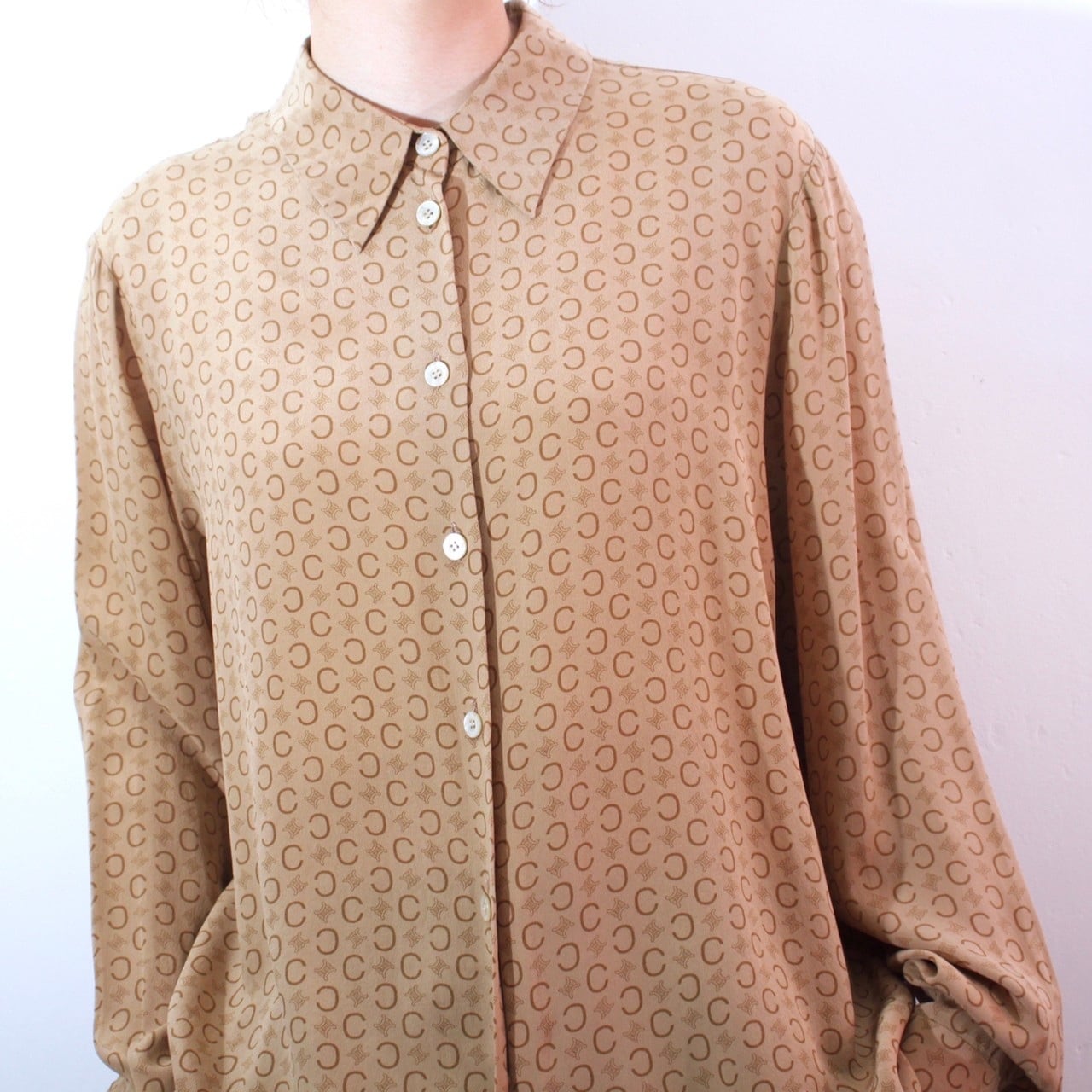 0639. 1990's celine monogram silk shirt made in France シャンパン