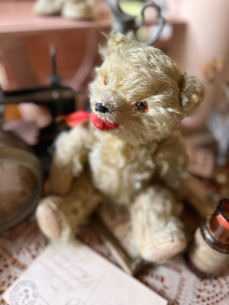 オープンマウスのベア 赤いリボン | Brocante de La Cocotte