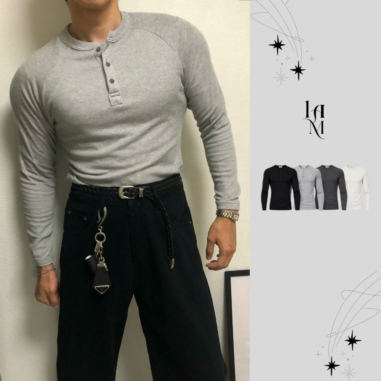 【Muscle Fit】Ribbed Henley Neck Neck Long Sleeve T-Shirts (4color) - 1
