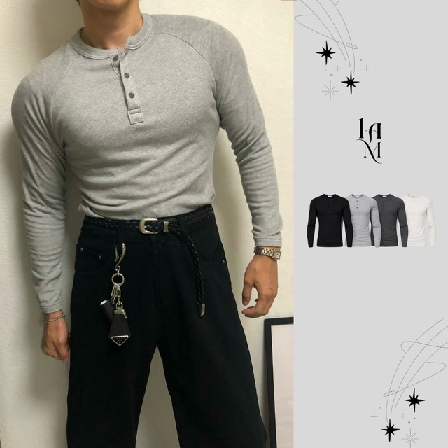 【Muscle Fit】Ribbed Henley Neck Neck Long Sleeve T-Shirts (4color)