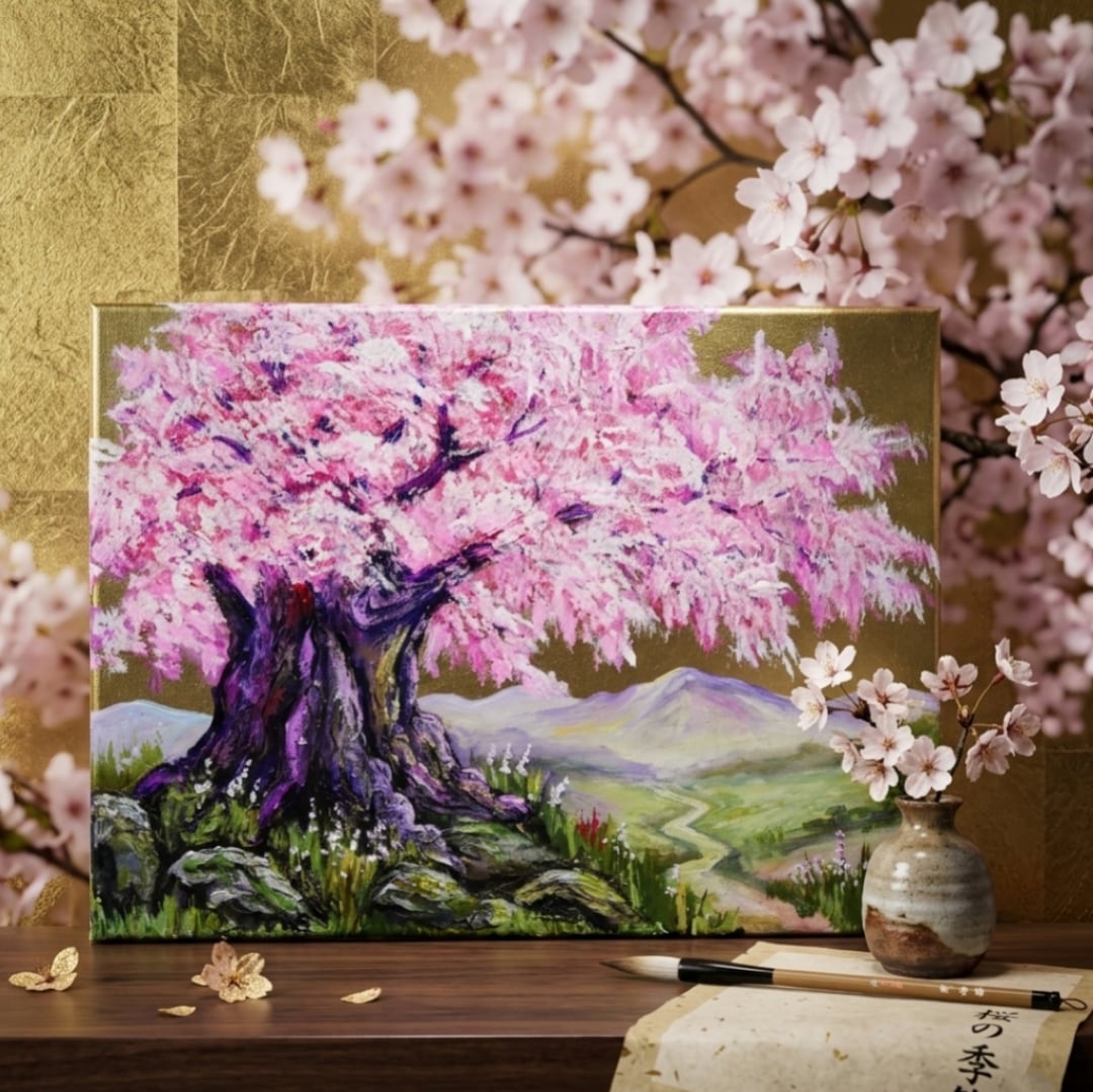 油絵 原画【千年の桜】春の風景画・桜の絵｜インテリア・絵画