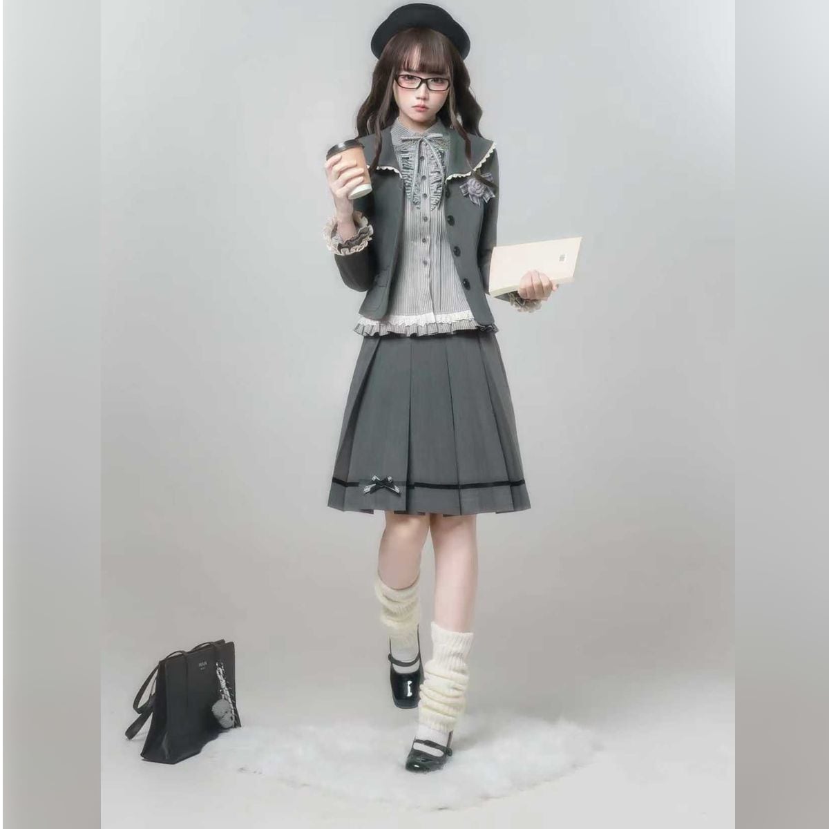 文学少女のアンティーク風フリルとリボンのグレー制服セット：スカート