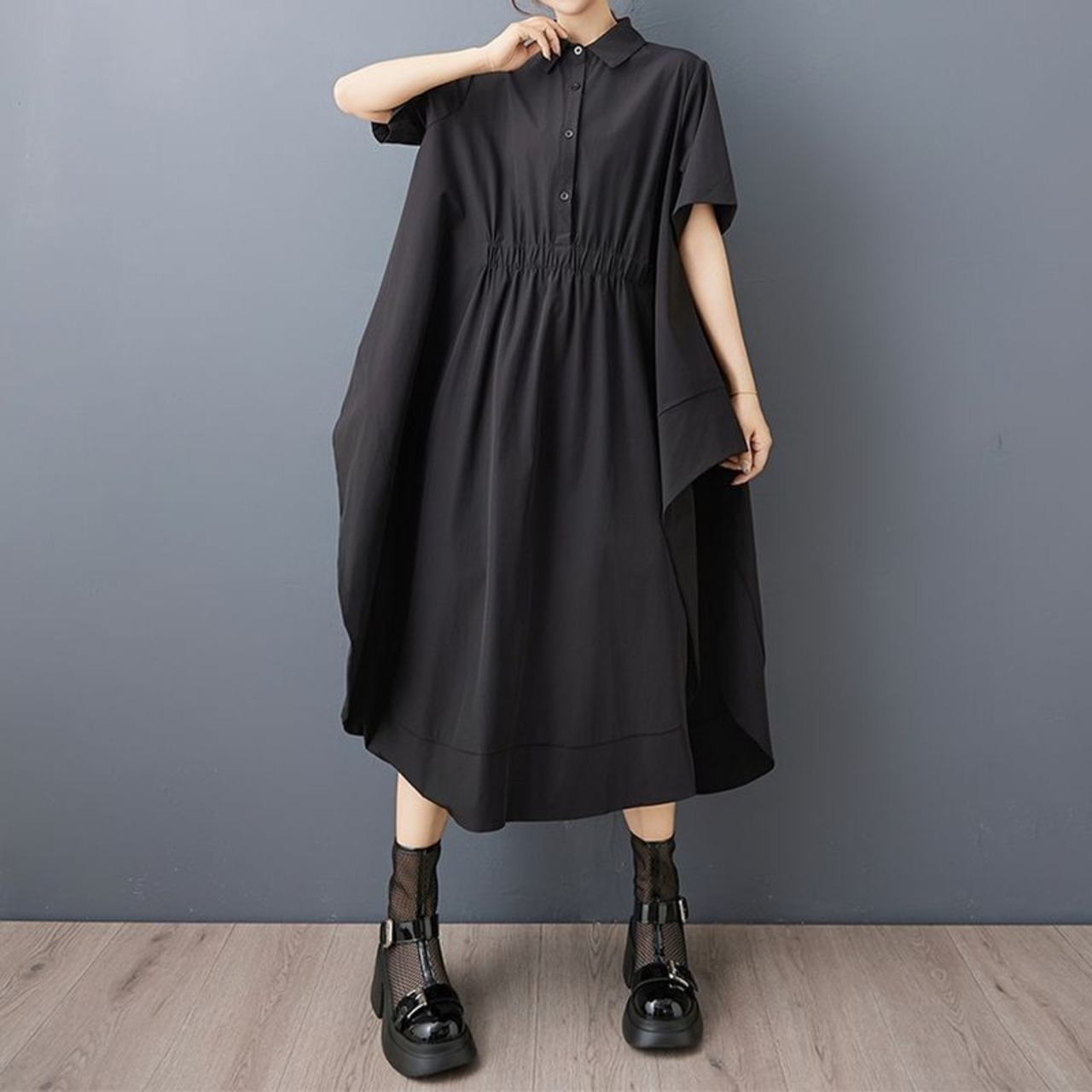 サイドスリット ドレープ シャツワンピース  30162