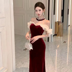 【2色】 ロングドレス キャバドレス セクシー ベロア マーメイドドレス ビジュー 仕上げ ウエストシェイプ シルエット 二次会 パーティー 披露宴 上品 LW2-OYF8731