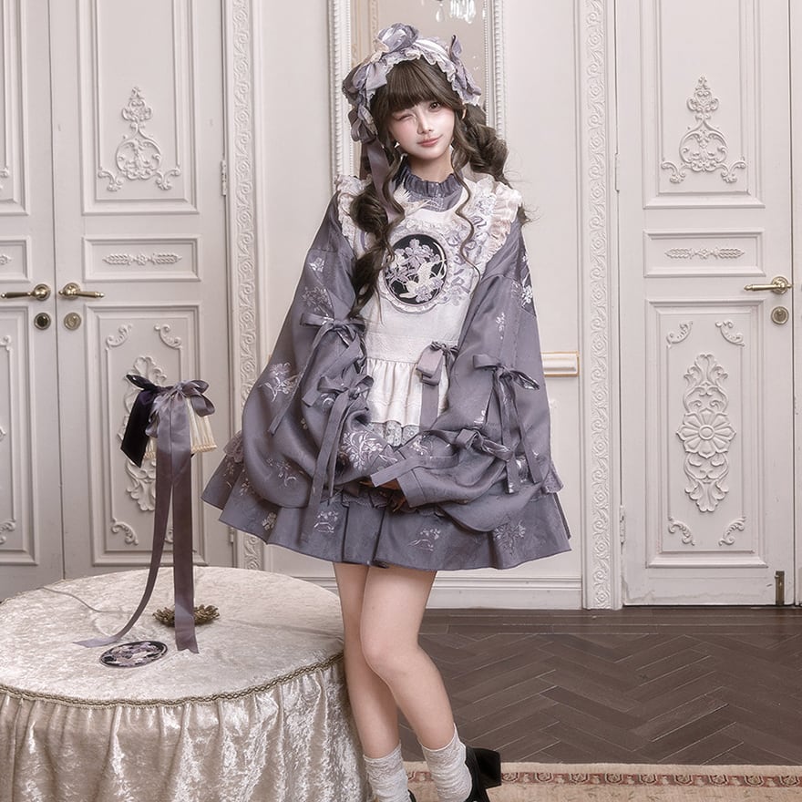 中華風メイド服 中華風ワンピース バルーンスリーブ 振袖風 花柄 刺繍 メイドカフェ 【予約商品】