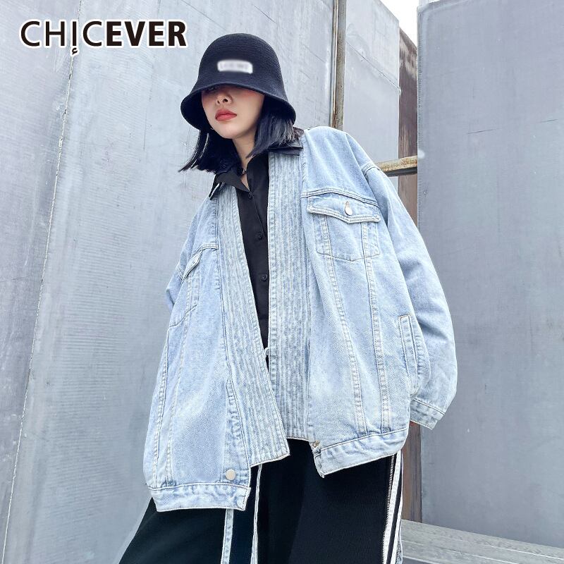 CHICEVERデニムジャケットレディースVネック長袖パッチワークレースアップオーバーサイズコート2021秋 ロング オータム 秋物 6base560423984816