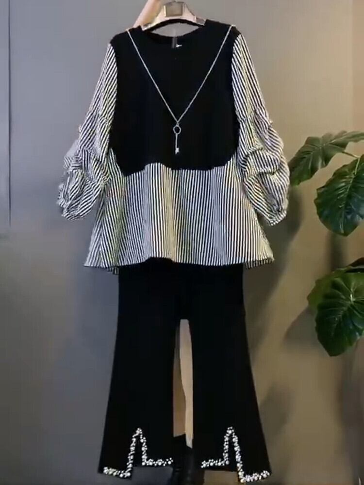 スプリングラウンドネックプリーツシャツ Tシャツ ルーズパンツ ロング 大きめサイズ 春物 Oネック ミックスインファッション8675166090