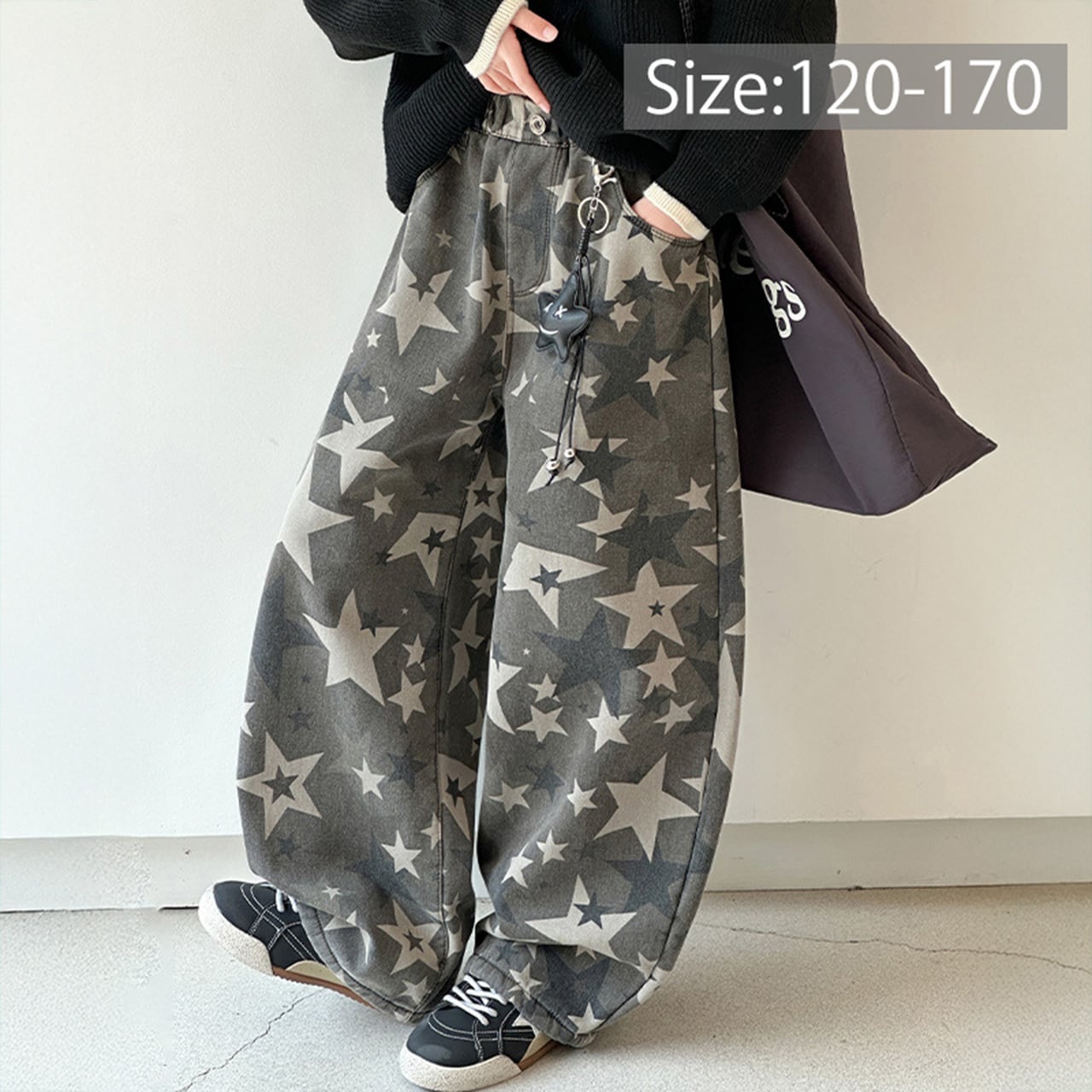 スター柄 裏起毛ワイドデニムパンツ