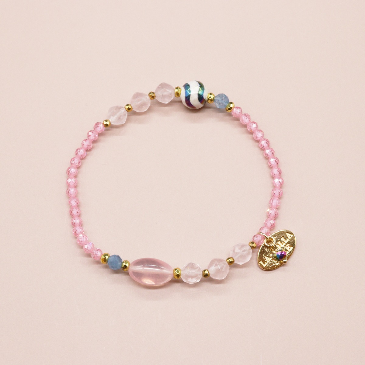 Blooming Pink Roses】水紋天珠×ローズクォーツ×ジルコニア×アクア 