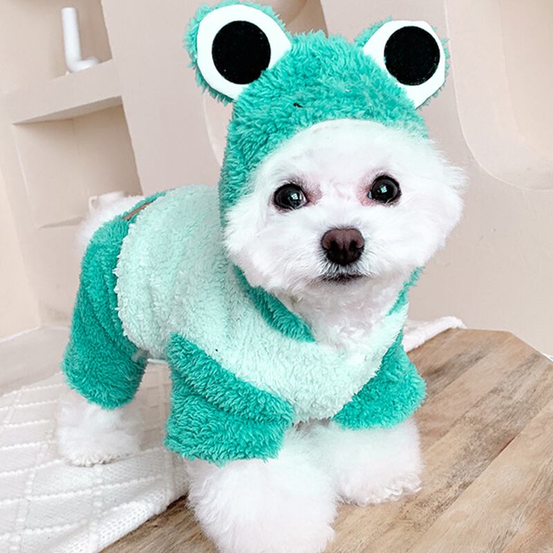 PET】秋冬2色展開裏起毛面白いカエル型立体感ある帽子付き防寒効果抜群