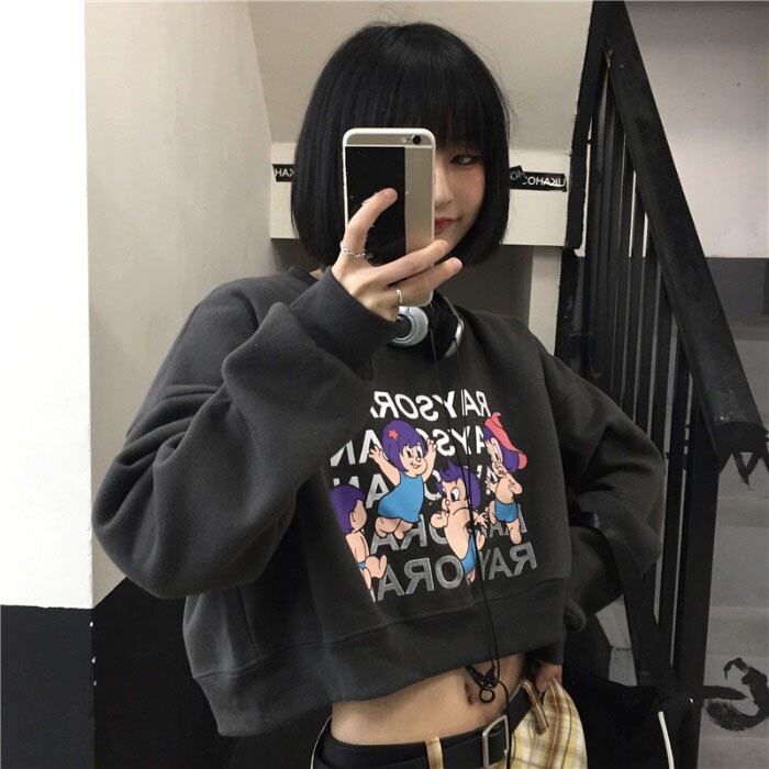 スタイルプリントセーター オータムラウンドネックベルベットショートクロップトップ トップス ロング 秋物 Oネック ケッペル86619991033