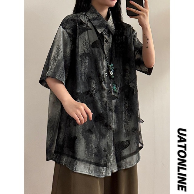 【UATONLINEシリーズ】★チャイナ風トップス★ シャツ ユニセックス 半袖 フェイクレイヤード 水墨柄 蝶々
