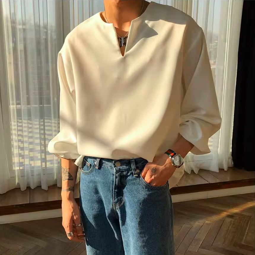 ノーカラー Vネックシフォンシャツ 2カラー LB0725