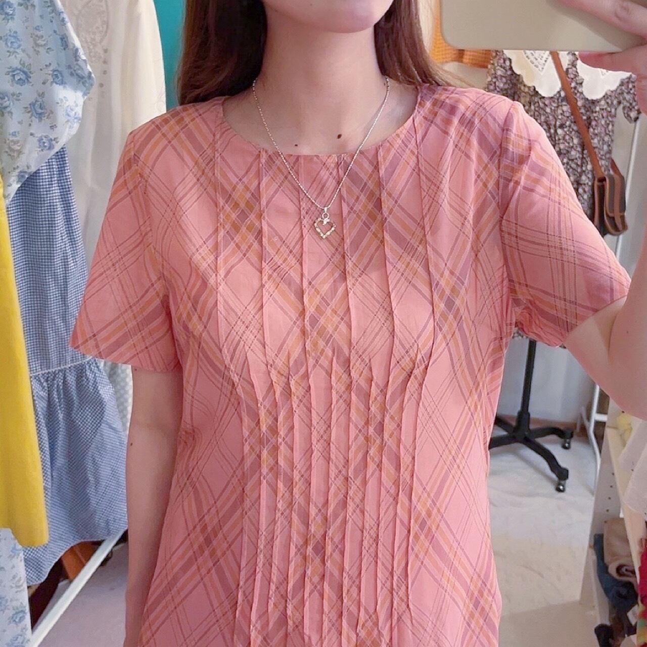 pink orange check pintuck one-piece