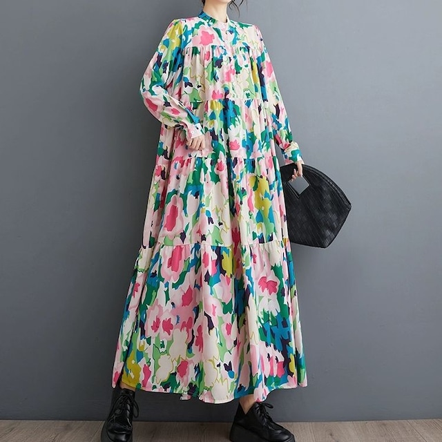FLOWER PRINT STAND COLLAR A-LINE LONG SHIRT DRESS 1color M-8986
