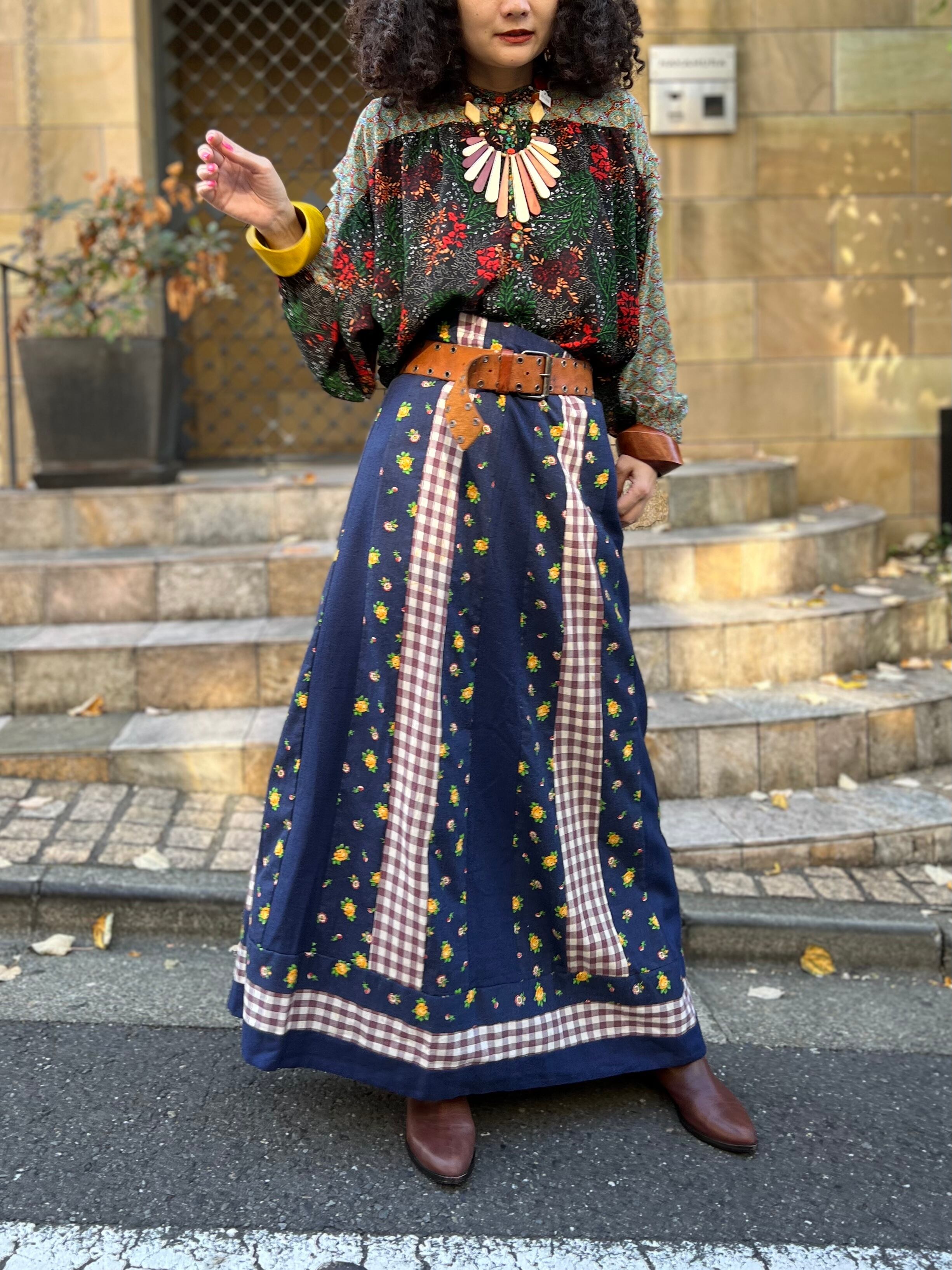 70s handmade navy floral × gingham check cotton long skirt